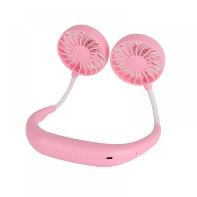 Portable Rechargeable USB Dual Cooling Small Fan Lazy Neck Hanging Pop-Style Blue