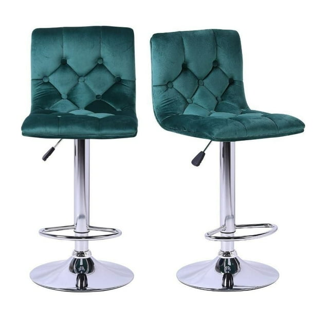 Set of two teal velvet tufted kitchen stools with shiny chrome metal bases, footrests, and adjustable height levers.