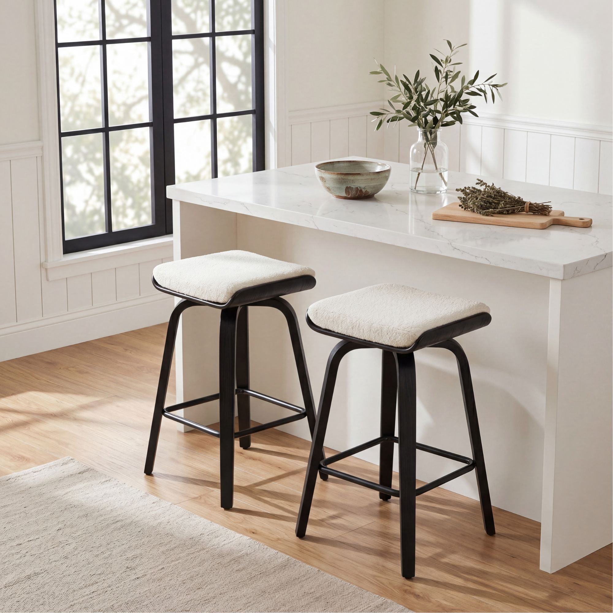 Guyou 26” Swivel Counter Height Bar Stools Without backrest, Upholstered Farmhouse Bar Stools with Footrest for Kitchen Island, White-Faux Sherpa(Set of 2)
