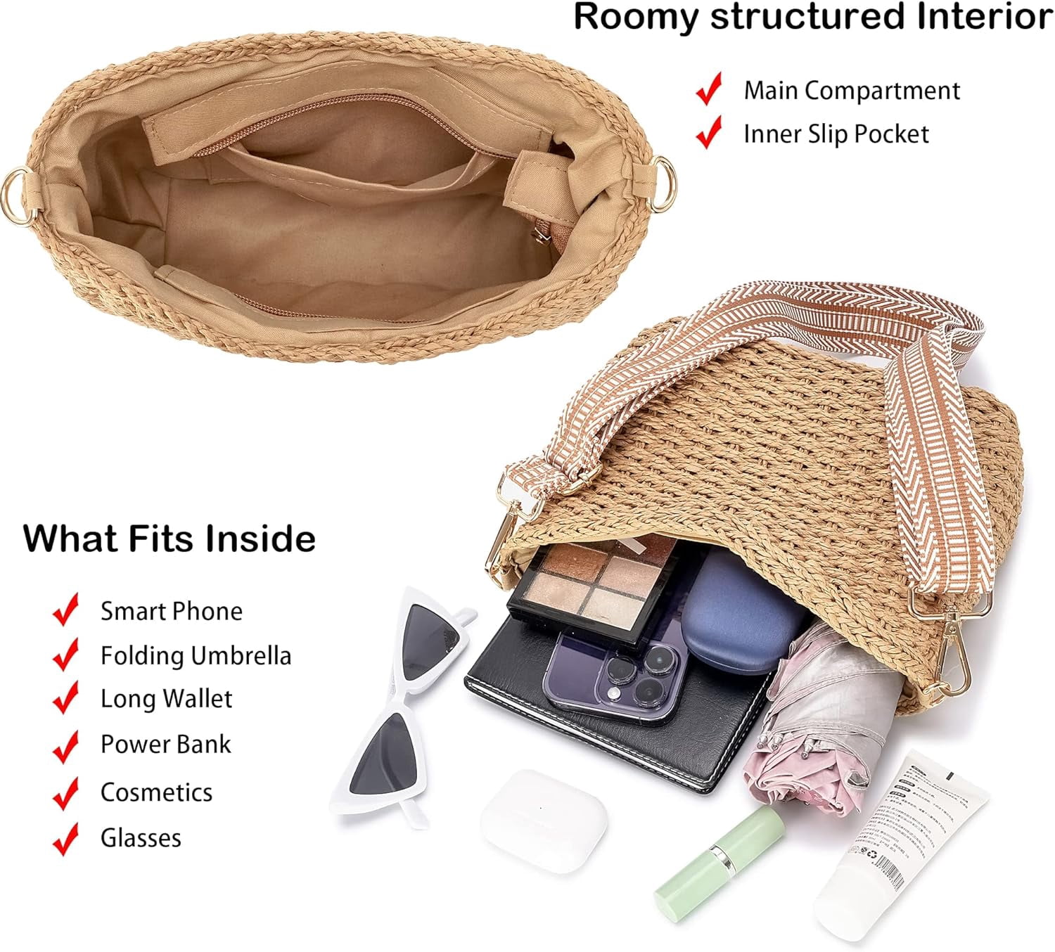 Small Handmade Straw Pocketbook Crossbody Bag for Women, Summer Chic Woven Handbag Shoulder Purse with Chain