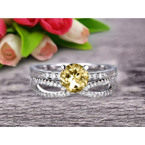 6mm Round Cut 2.25 Carat Champagne Diamond Moissanite Bridal Ring Set Anniversary Gift On 10k White Gold Curved Stacking Matching Wedding Band Art Deco