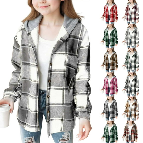 Girls Plaid Shirts Jacket Long Sleeve Button Down Shcket with Pockets Fall Winter Fashion Hooded Jackets for Christmas