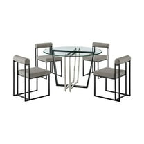 Devi Anastasia 5 Piece Round Glass Dining Table Set with Light Gray Faux Leather