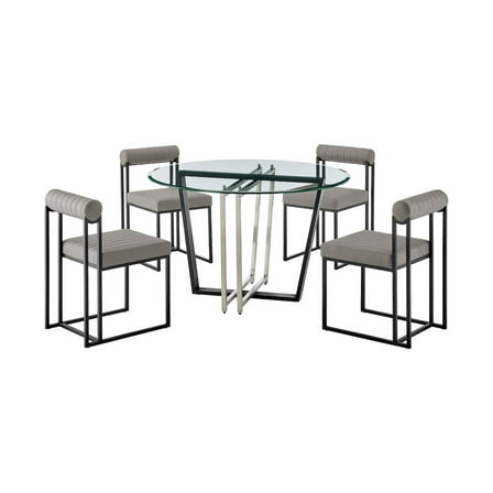 Devi Anastasia 5 Piece Round Glass Dining Table Set with Light Gray Faux Leather