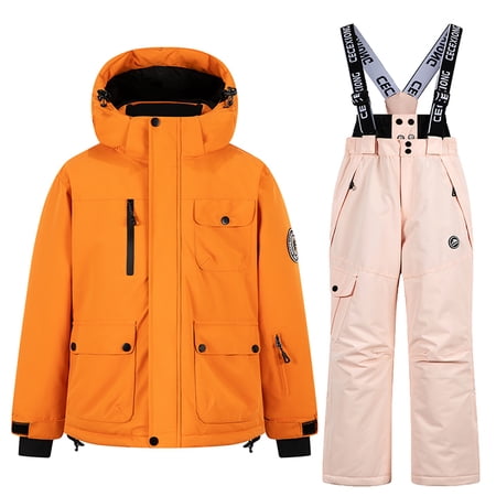 Riecok Kids Snowsuits for Boys Girls Waterproof Snow Bib Pants and Hooded Jackets Winter Outdoor Snowboarding Ski Clothing