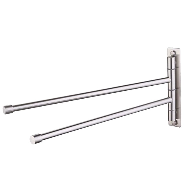 Toallero de pared de acero inoxidable con 2 barras, giratorio 180 grados, organizador para baño (plateado)