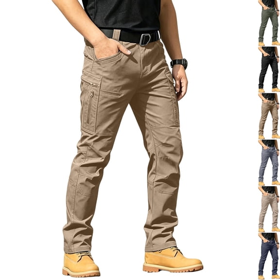 Rip Resistant Tactical Work Cargo Pants for Men Water Repellent Elastic Waist 10 Pocket Outdoor Hiking Combat Trousers No Belt ,XL,Earthy Yellow