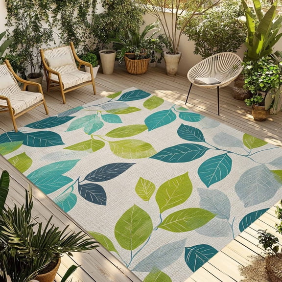 Teal Green Leaves Outdoor Rug 5x8 Ft - Reversible Patio Rug Outdoor Camping Rugs, Summer Botanical Pastoral Rustic Washable Indoor Outdoor Area Rugs, Non-Slip Outdoor Carpet Runner for Deck/Porch
