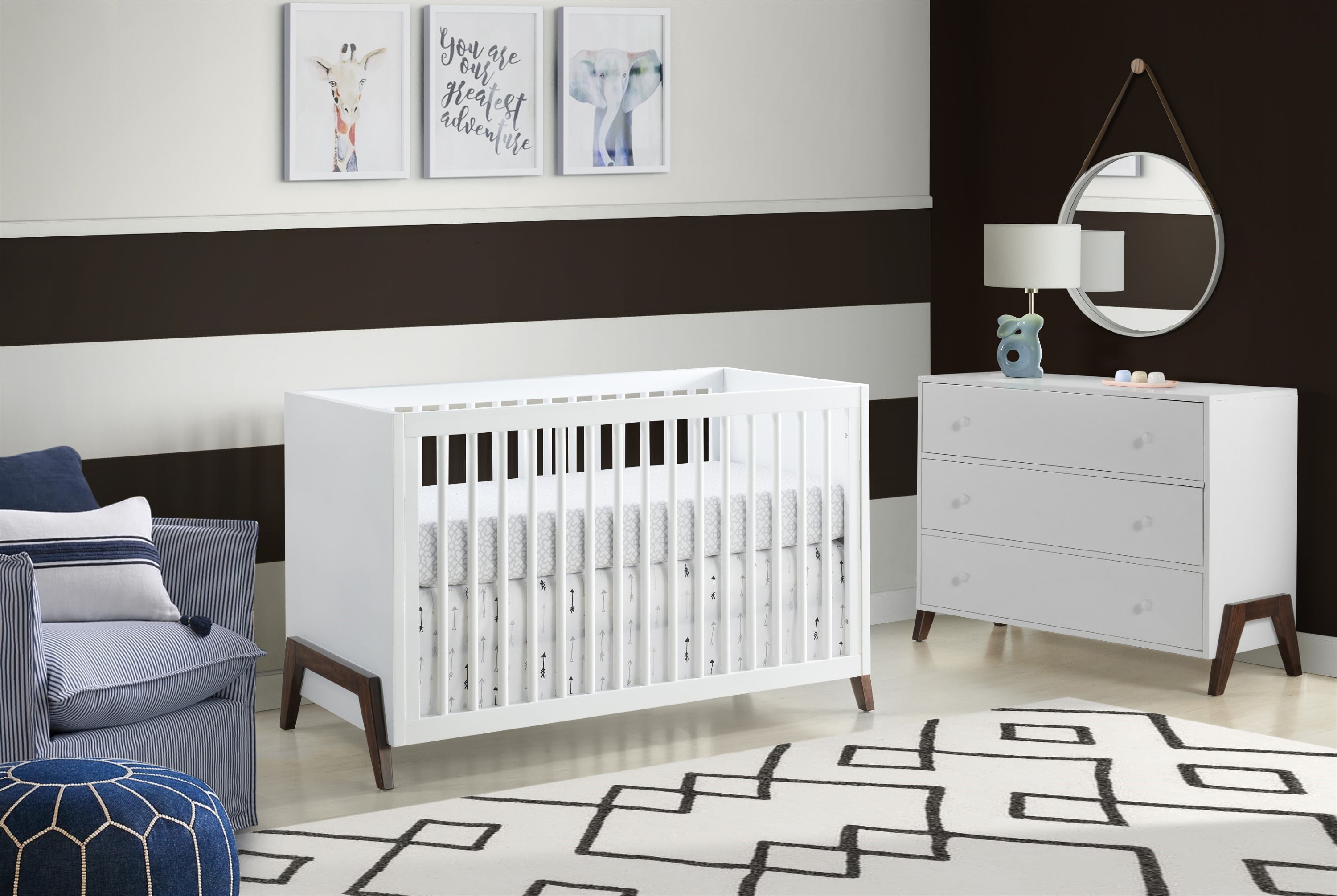 Oxford Baby Mari Modern 3-in-1 Convertible Island Crib, White & Walnut, Wooden Crib