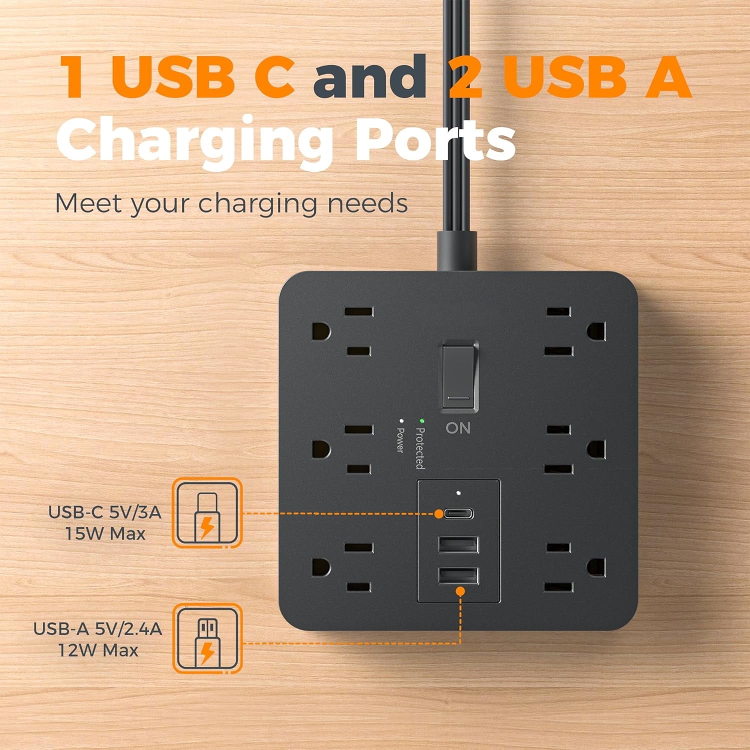 5FT Flat Plug Extension Cord, Surge Protector Power Strip with 6 Outlets and 3 USB(1 USB C), 1700J Protection Multiple Outlets Charging Station