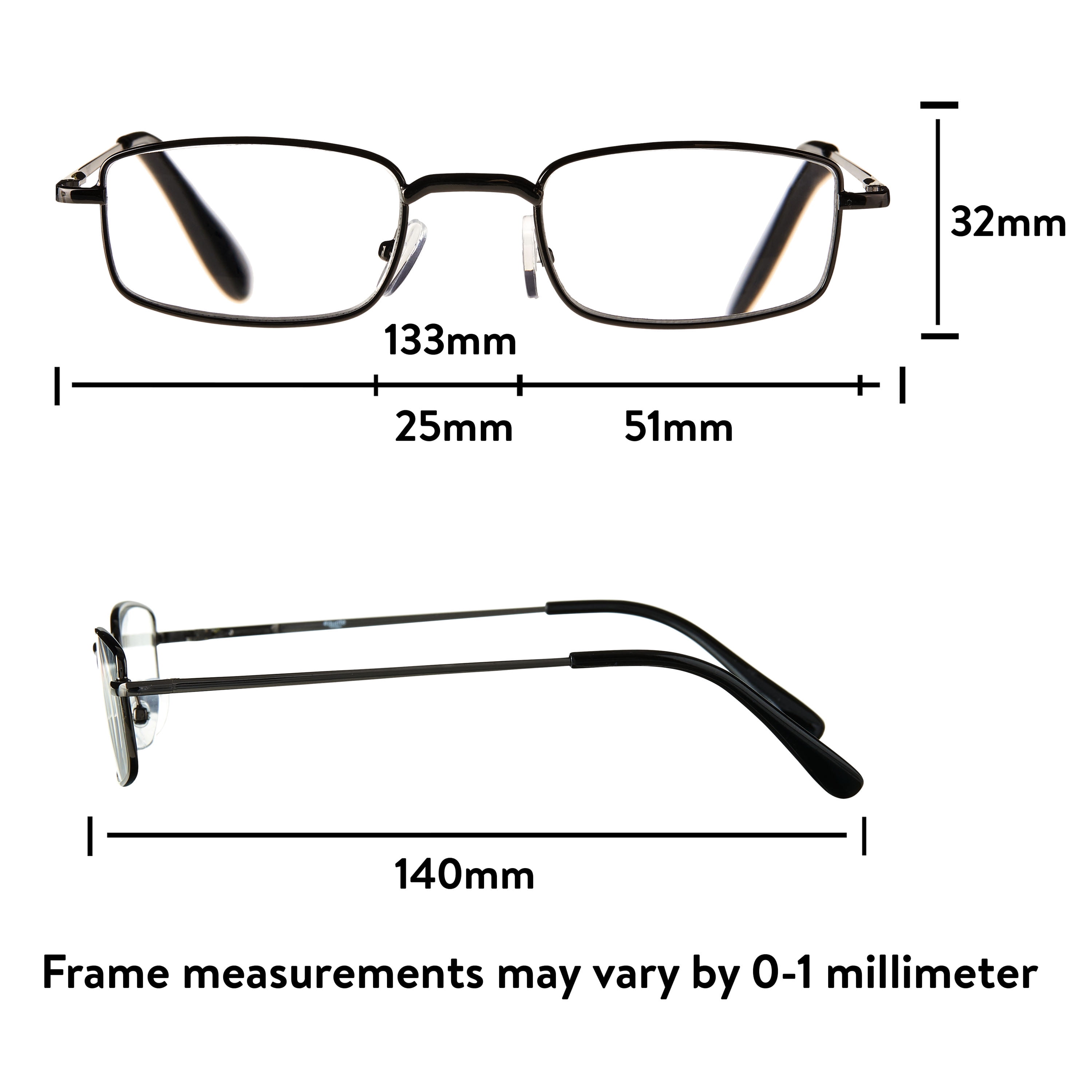 Equate Unisex Jordan Rectangular Reading Glasses with Case, Black/Gunmetal, +3.25, 2 Pack