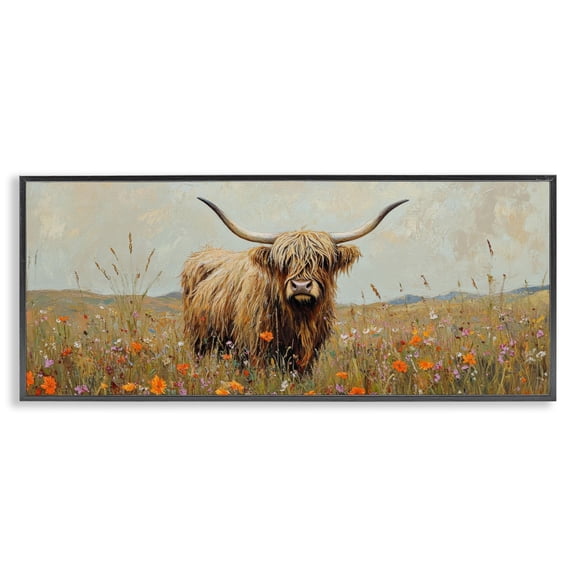 Stupell Industries Longhorn And Wildflowers Black Framed Giclee Art design by Petal Prints Design, 10 x 24