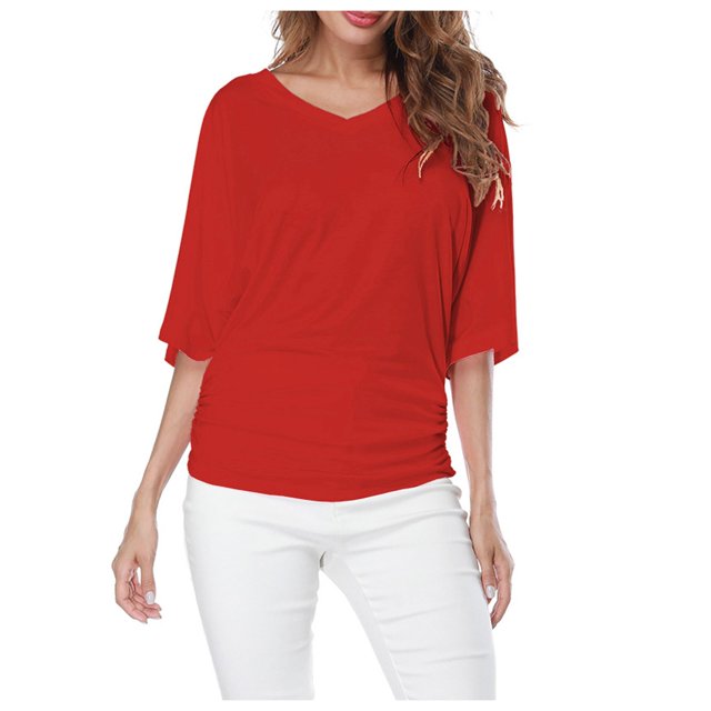 Plus Size Women's V Neck T Shirt: Batwing Sleeve, Loose Fit, Solid Color, Comfortable