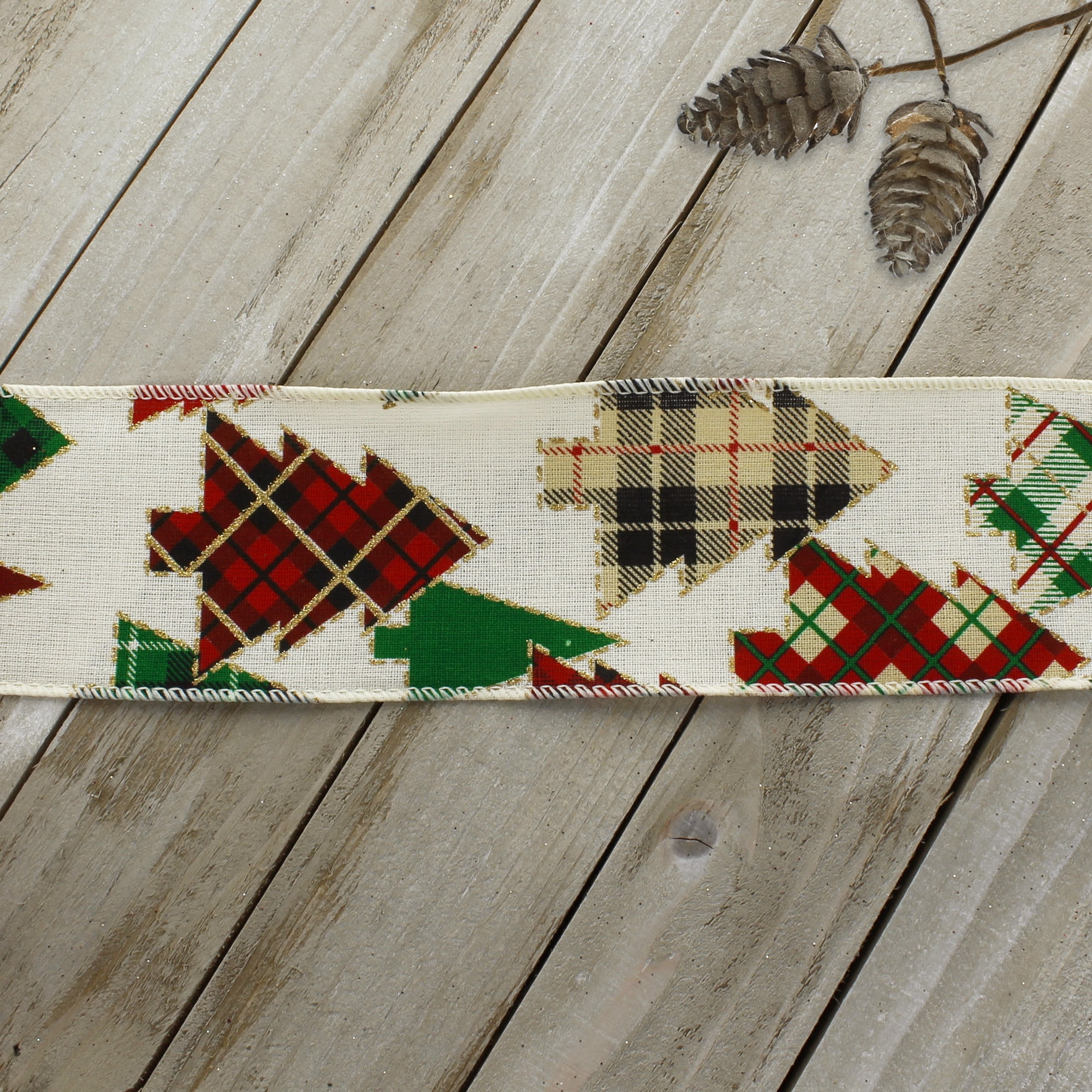 Ribbon Traditions Buffalo Plaid Christmas Trees Wired Ribbon 2 1/2" By 10 Yards