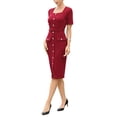 thumbnail image 4 of INSPIRE CHIC Work Dress for Women Square Neck Short Sleeve Button Down Vintage Sheath Midi Dresses with Belt S Dark Red, 4 of 6