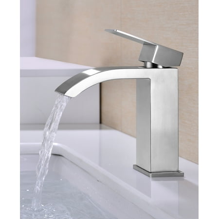 

RLCEGAL Single Handle Waterfall Bathroom Vanity Brushed Finish Sink Faucet with Extra Large Rectangular Spout