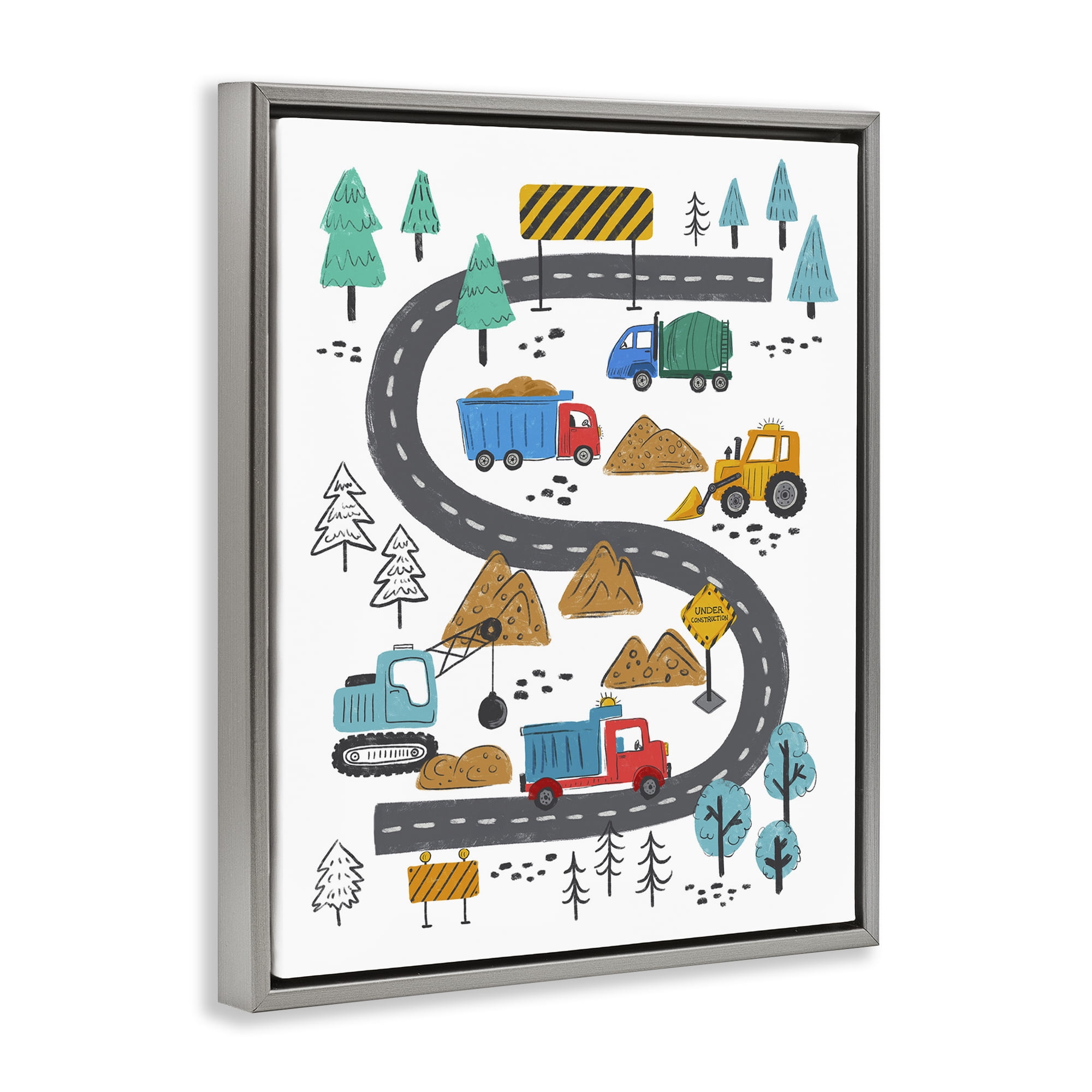 Stupell Industries Construction Vehicles Road Transportation Painting Gray Floater Framed Art Print Wall Art, 17 x 21