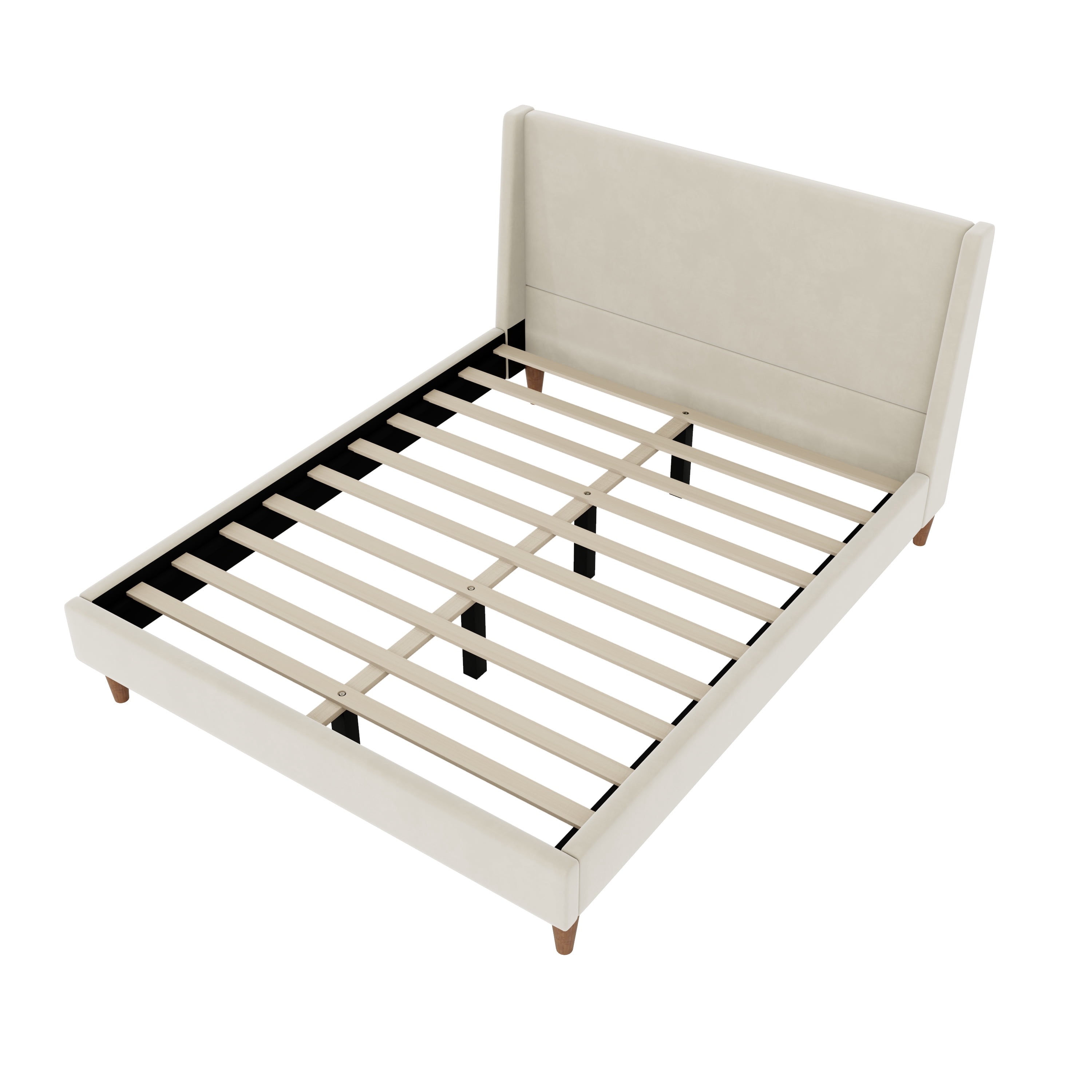 Euroco Upholstered Queen Size Platform Bed, Velvet Bed with Wingback Headboard, Beige