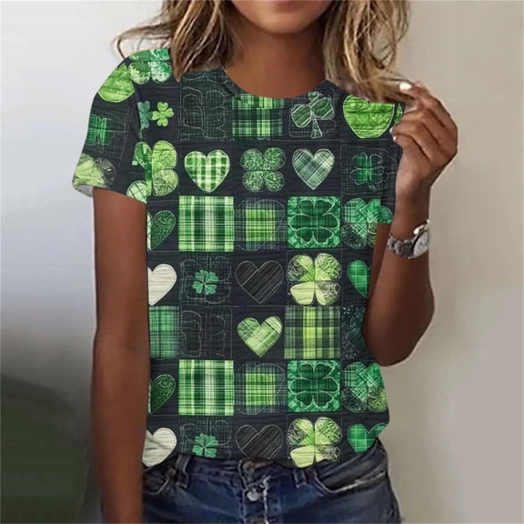 LEKWK Womens Graphic T Shirts Rising Green Shamrock Field Round Neck Short Sleeve St Patricks Day Shirt Clover Pattern Festival Tee