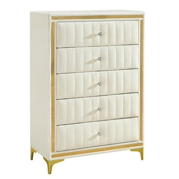 Better Home Products Monique Velvet Upholstered 5-Drawer Chest in Cream