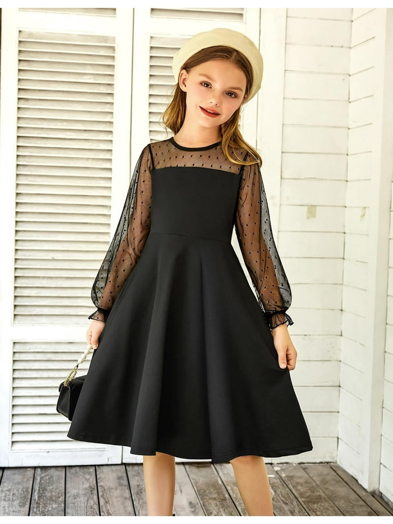 Long Sleeve Little Girl Black Formal Dresses Oudiya Girls Mesh