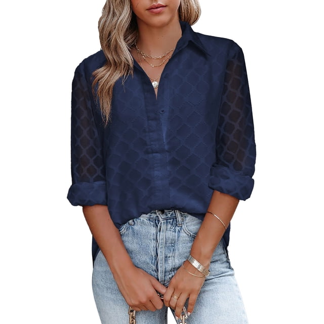 Blusa holgada de moda transpirable con botones y cuello vuelto de manga larga para mujer Azul oscuro XL