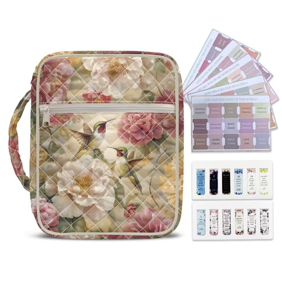 XYZCANDO Hummingbird Bible Cases for Woman Flower Protective Bible Book Cover with Durable Handle Lightweight Quilted Bible Bag with Study Supplies Accessories for Girls