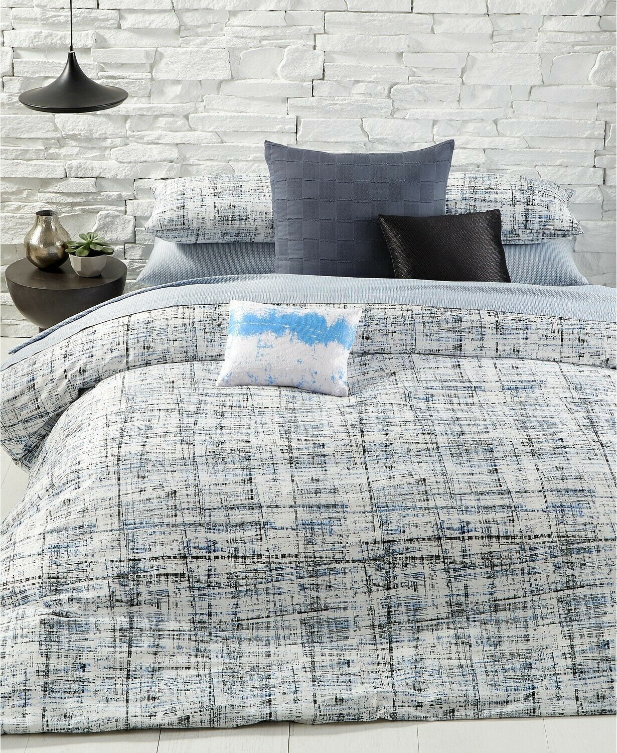 Calvin Klein City Plaid Combed Cotton Comforter Set - QUEEN - Storm Blue /  Onyx 