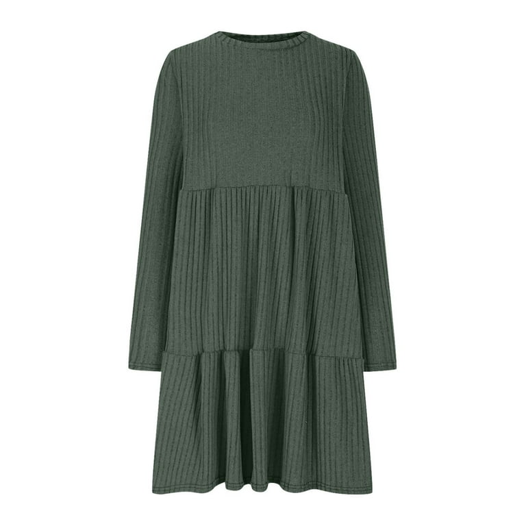 dazeni Women's 2024 Fall Long Sleeve Sweater Dress Double Layer Crewneck  Tunic Sweater Dresses with Pockets Casual Empire Waist A Line Swing Knit  Midi Dress - Walmart.com