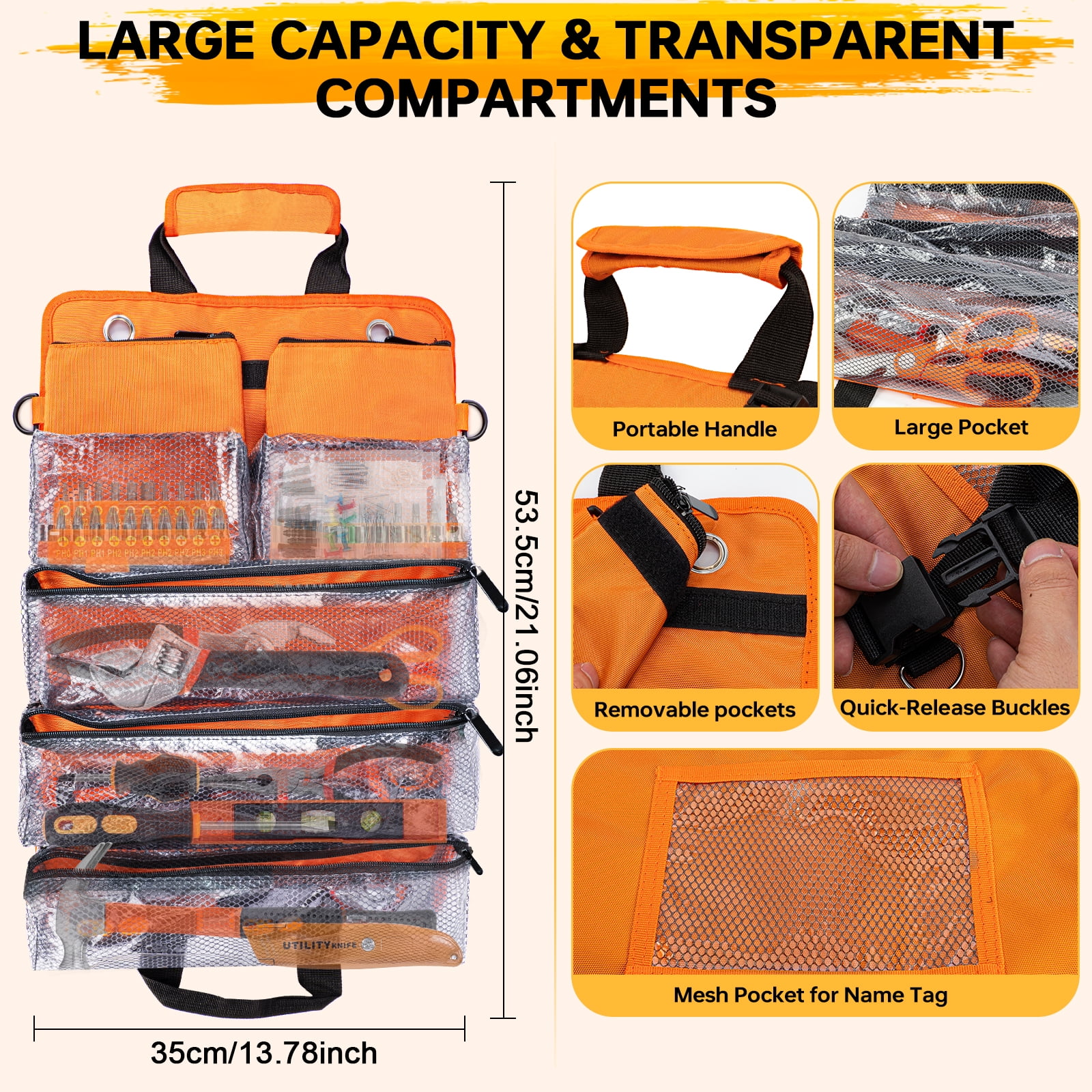 STARWAL 18Pc Orange Tool Set, Home Tool Kit for DIY w/ Hammer, Pliers, Wrenches, Duty Roll up Foldable Tool Bag
