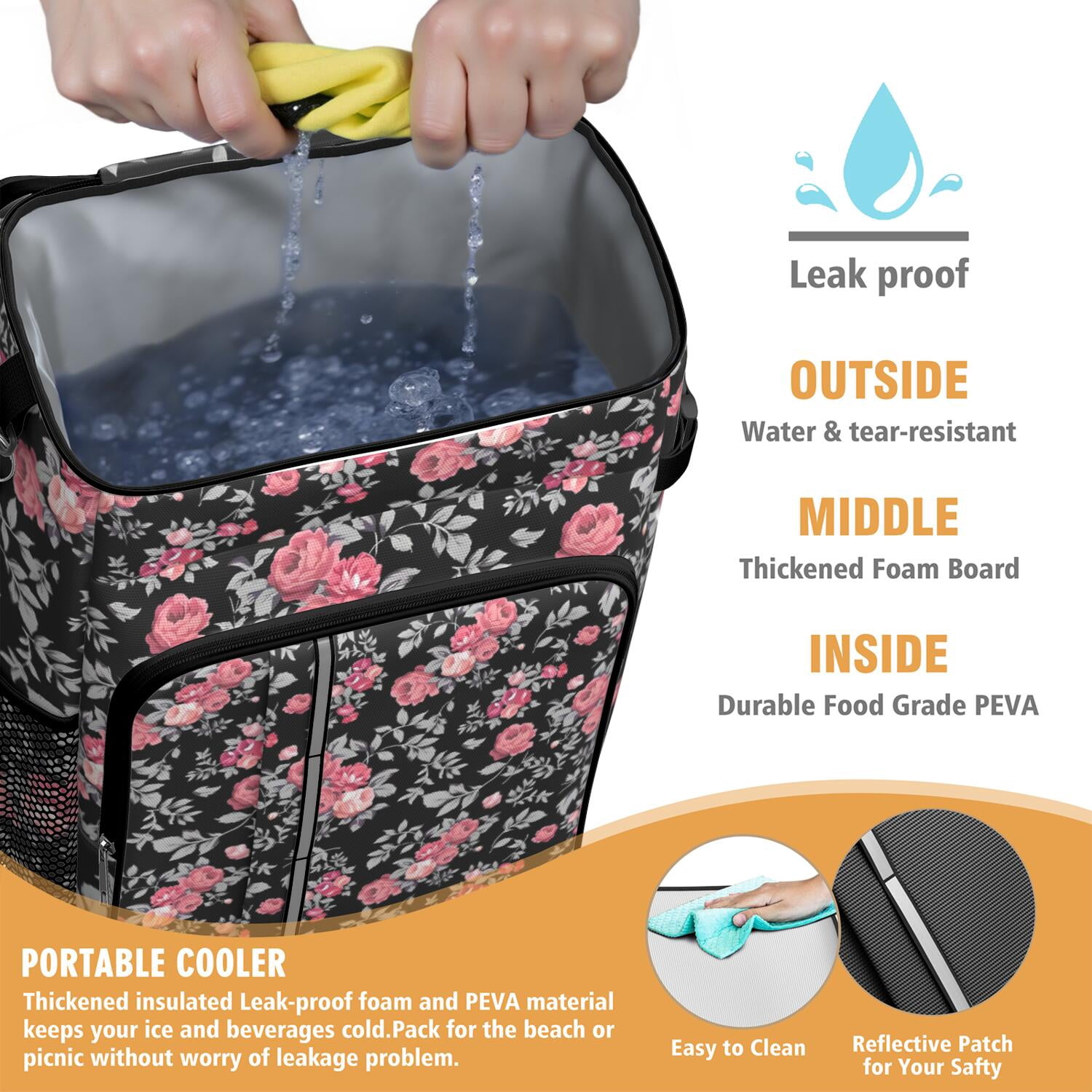 Travel Cooler Bag - Pioneer Flower Floral Print Pattern Camping Beer Cooler Backpack with Bottle Opener- Waterproof Insulated Picnic Backpacks - Cooler Bag for Beach