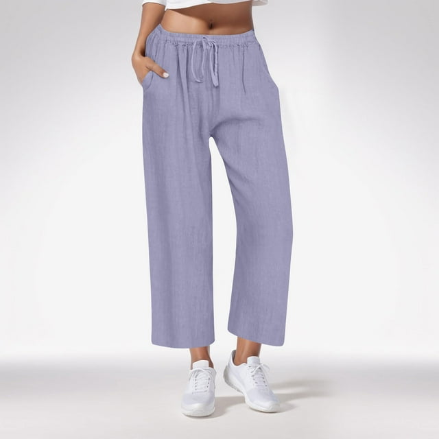 BVOFAR Women's Summer Cotton Linen Pants Drawstring High Elastic Waisted Trousers Lounge Solid Color Straight Leg Pants 2025