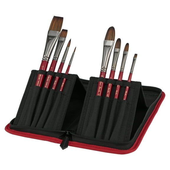 Creative Mark Artist Staccato Paint Brush Set of 8, Short Handle Paintbrushes for Acrylics, Watercolor & Gouache, Includes Organizer Traveling Case