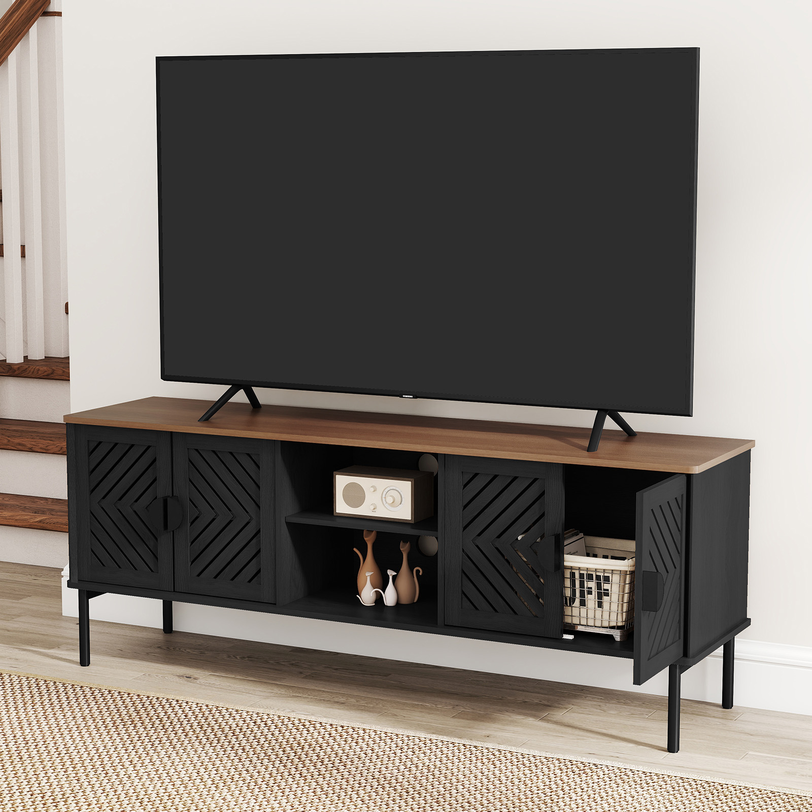 HLR Mid Century Modern 63" TV Stand for 75 inch TV with Storage, Entertainment Center for Living Room, Black