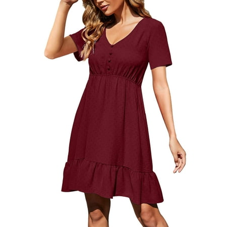 

TWIFER Dresses for Women Summer Fashion Casual V Neck Solid Button Chiffon Corset Slim Ruffle Short Sleeve Dress