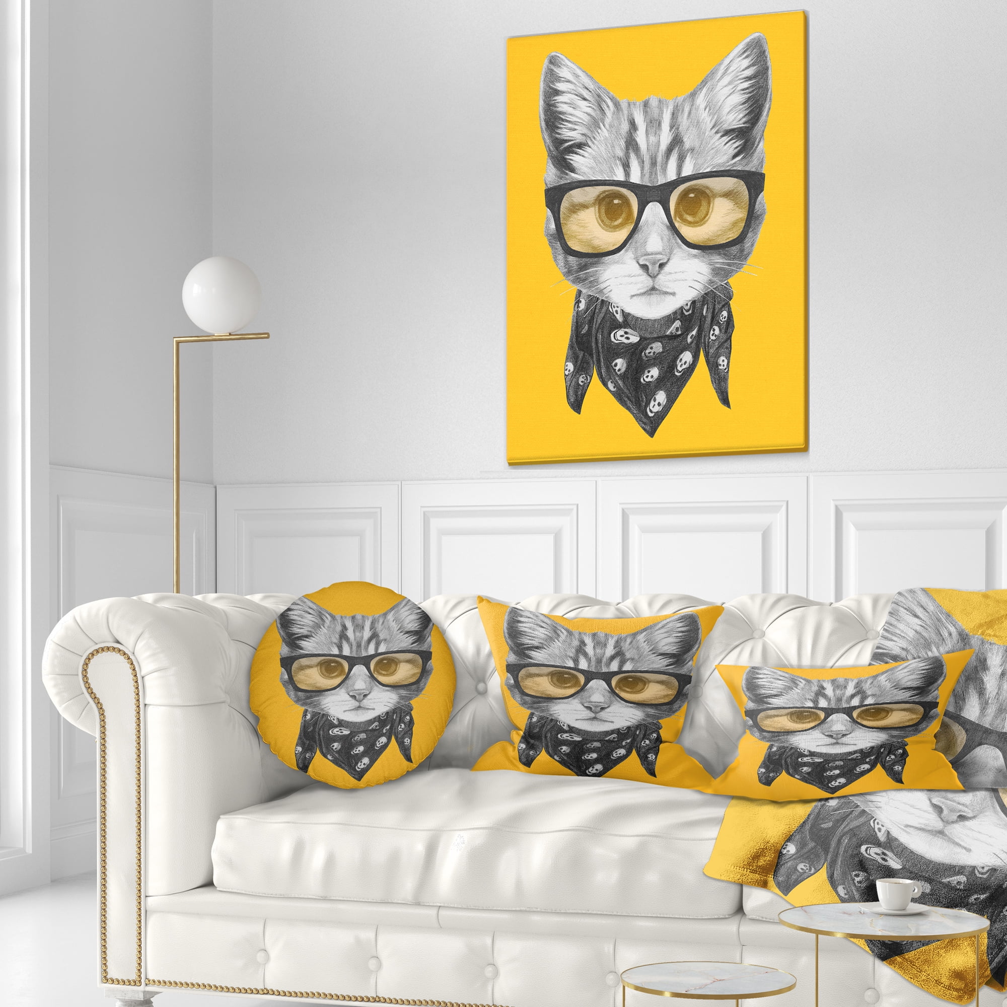 Designart Funny Cat with Glasses and Scarf - Animal Throw Pillow - 12x20