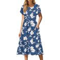 thumbnail image 3 of Axiiglly Floral Dress for Women Summer Crew Neck Short Sleeve Maxi Dresses Casual A Line Solid Color Pleated Dresses with Pocket L, 3 of 10
