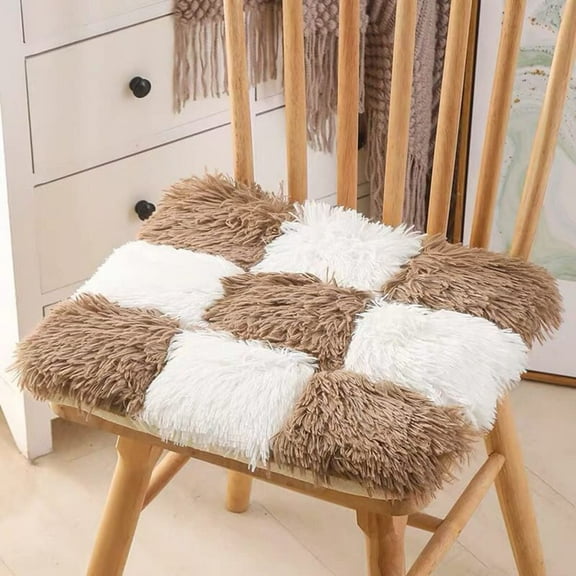 Nvzi Soft Square Chair Pad with Ties Plaid Faux Fur Seat Cushion with Removeable Cover Long Plush Indoor Dining Chairs Cushion (Brown,16"x16")