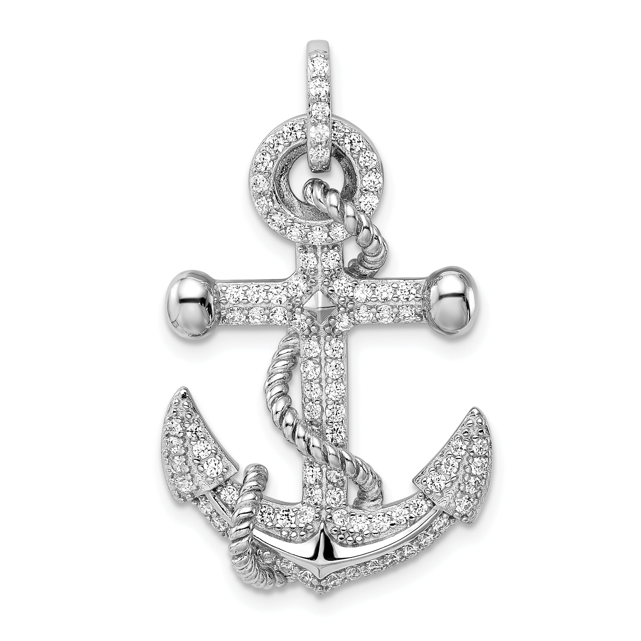 Solid 925 Sterling Silver Polished CZ Cubic Zirconia Anchor Mariner Pendant