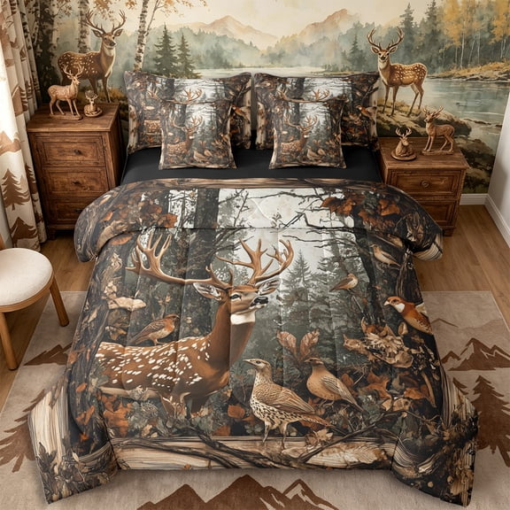 Castle Fairy Rustic Woodland Spotted Deer 7-Piece Twin Bedding for Teens,Natural Forest Bird Bedding Comforter Set,Brown Green,Black Reversible