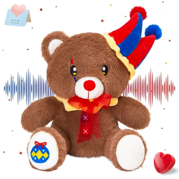 Houwsbaby Heartbeat Recordable Teddy Bear Plush Toy, Voice Recording Bear Stuffed Animal, Soft Teddy with Clown Hat and Red Bow Gift Messages Recording for Kids Birthday Christmas, 9.8"