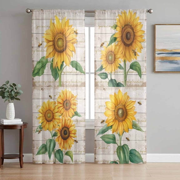 Sunflower Sheer Curtains 72 Inch Length 2 Panels Set - Light Filtering Window Treatments, Yellow Summer Botanical Vintage Rod Pocket Semi Curtains for Living Room/Bedroom/Kitchen Décor, 104"W x 72"L