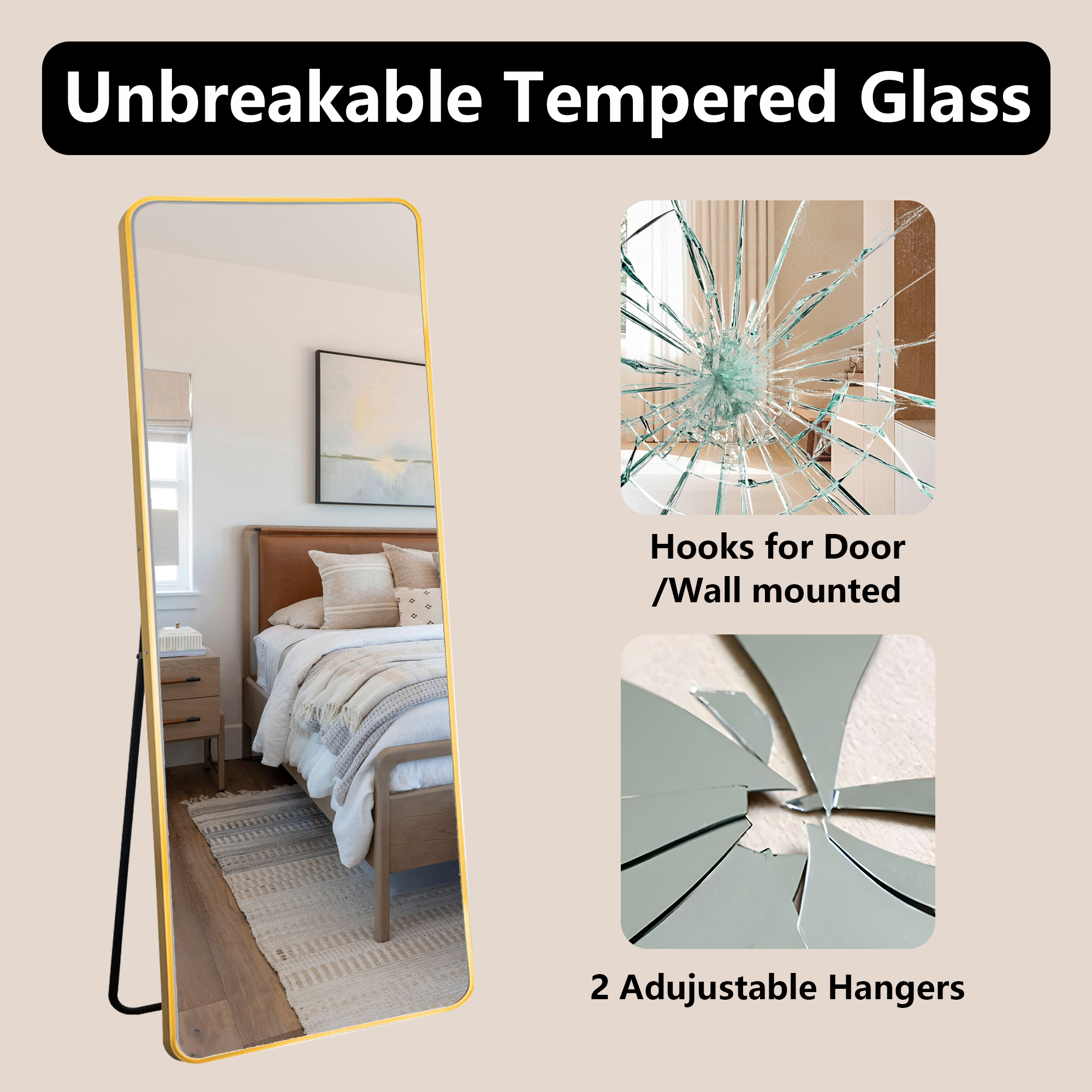 MAYEERTY Gold Rounded Corner Full Length Mirror, Wall Mount or Freestanding for Bedroom/Living Room, 64" × 21"