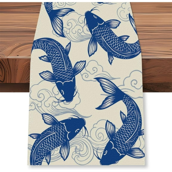 Vintage Fish Table Runner 13x72 Inch Traditional Oriental Carps Kitchen Dining Table Decoration Rustic Farmhouse Table Runner for DIY Home Kitchen Holiday Party Rustic Cabin Indoor Outdoor