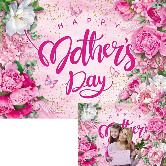 Brythos Happy Mother's Day Pink Floral Peony and Butterfly Party Backdrop Decoration 5×3Ft
