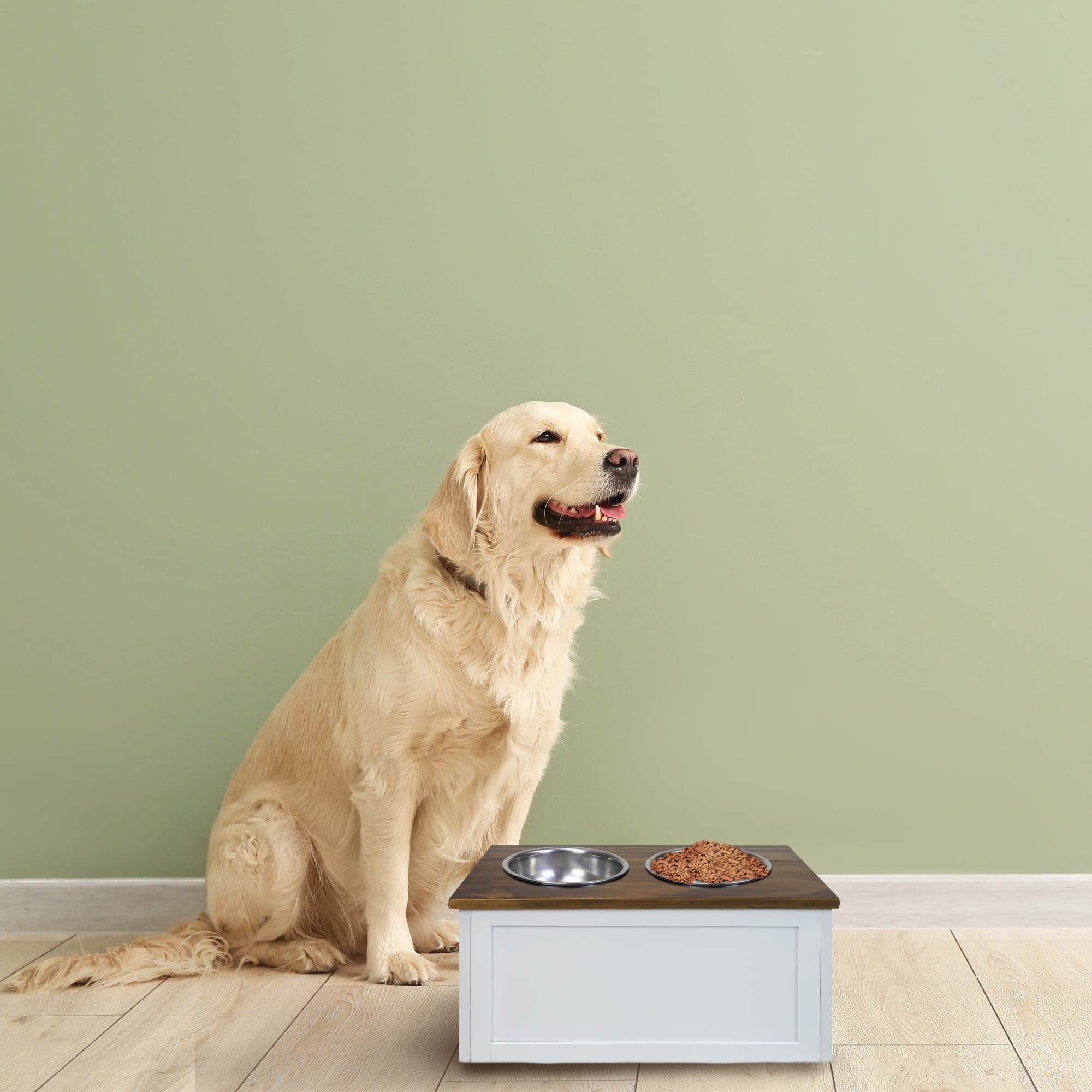 Casual Home 100% Solid Wood Double Bowl Pet Feeder Stand with Storage Box
