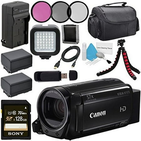 Canon 16GB VIXIA HF R70 Full HD Camcorder + BP-727 High Capacity Battery + External Rapid Charger + Sony 128GB SDXC Card + Compact Camcorder Case + Flexible Tripod + LED Light