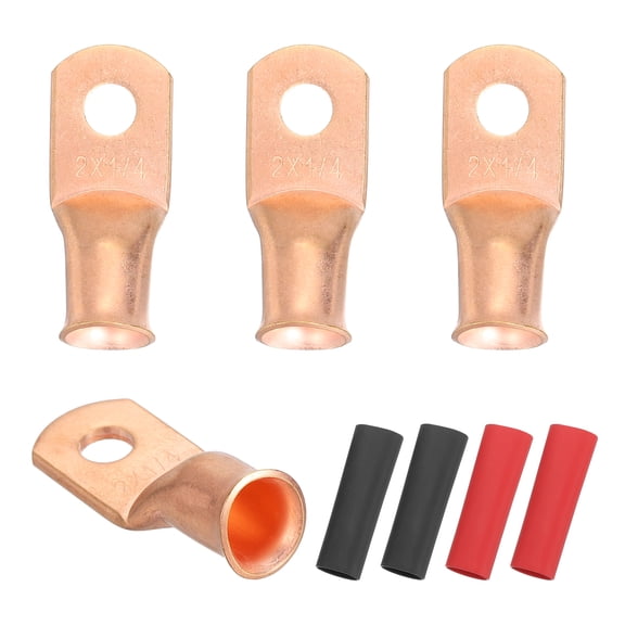 4 Pcs 1/4" Stud 2AWG Battery Cable End with 4pcs 2:1 Heat Shrink, Gold