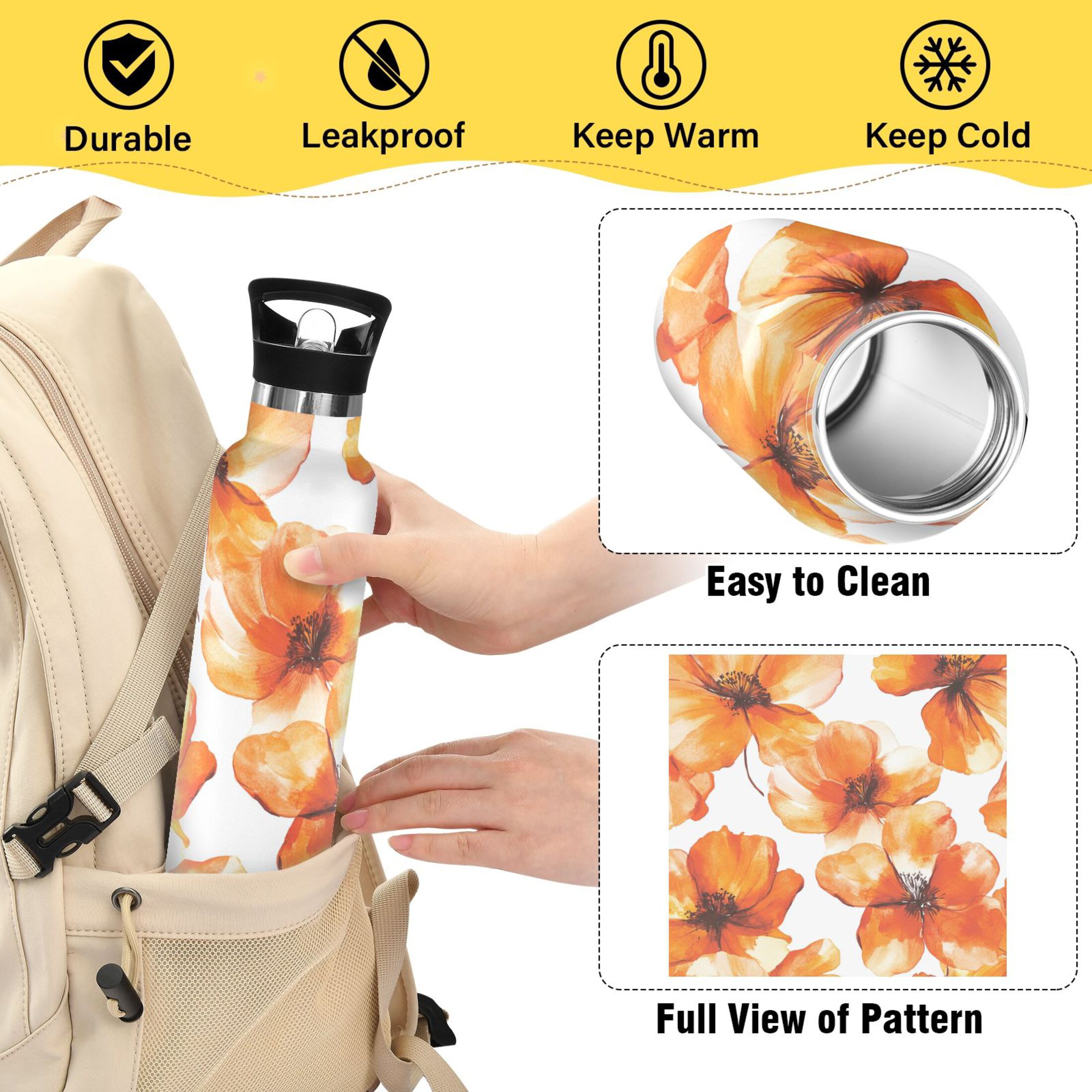 600ML Stainless Steel Insulated Cup Sports Water Bottle Portable Thermos Cup Water Glasses Insulated Tumblers Convenient and Durable Orange Flower