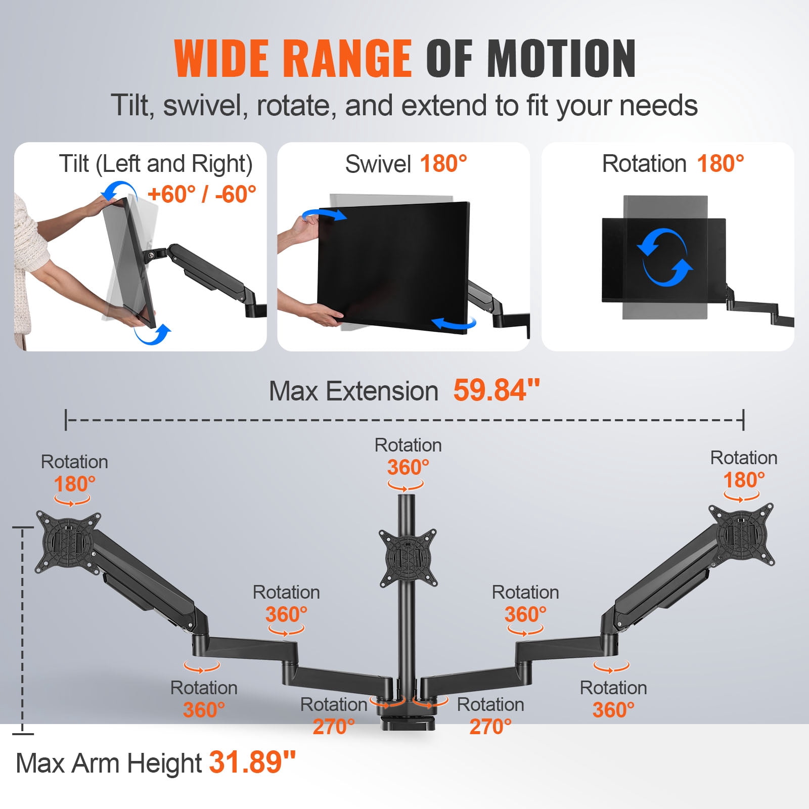 KFFKFF Triple Monitor Arm Mount Desk Stand for 13"-27" Screens up to 20 lbs Each Gas Spring Desk Arms